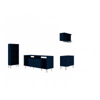 Manhattan Comfort 152GMC4 Rockefeller 4-Piece TV Stand Living Room Set with Floating Decor Shelf, Dresser and Bookcase in Tatiana Midnight Blue